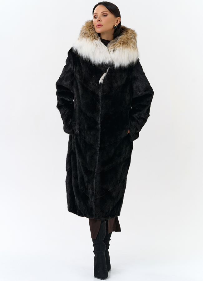 Норковая шуба черного цвета с рысью модель № 25004 универмаг малина