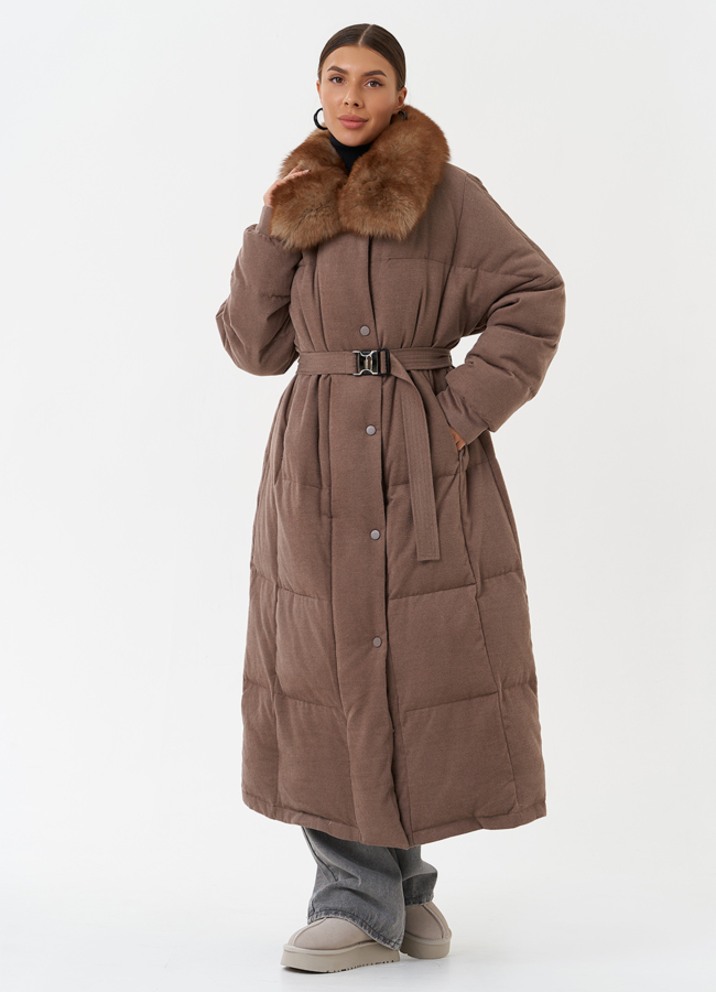 Длинный пуховик с отделкой из меха песца модель № 28835 в кредит
