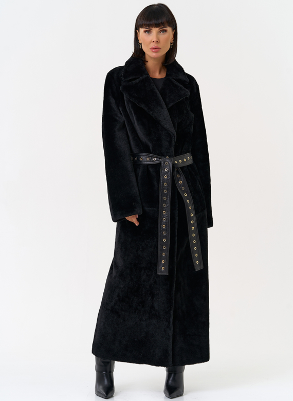 Женская натуральная дубленка с двойным поясом