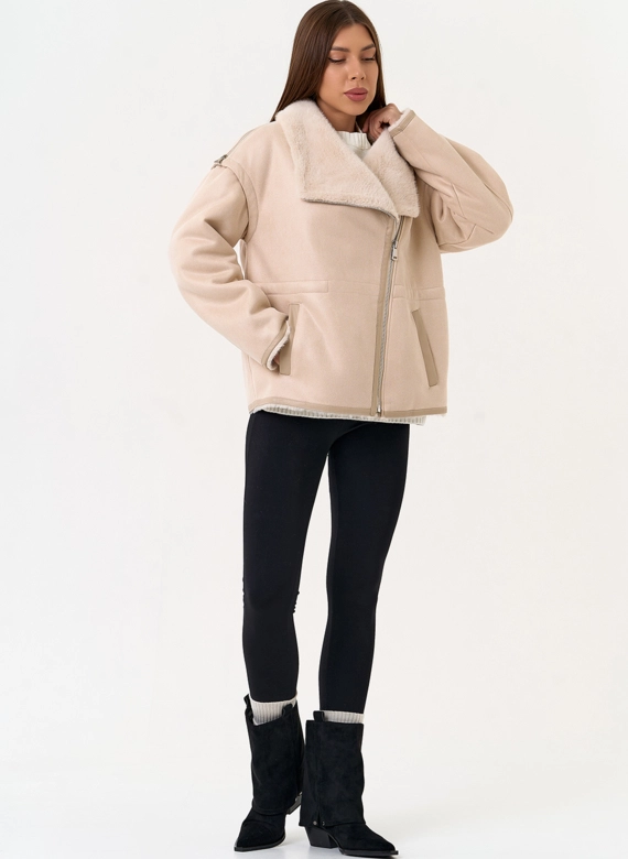 Женская дубленка из эко замши с отложным воротником