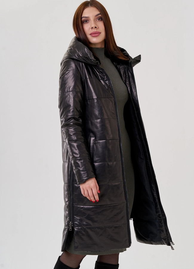 Женский пуховик из натуральной кожи с капюшоном  модель № 18231 универмаг малина