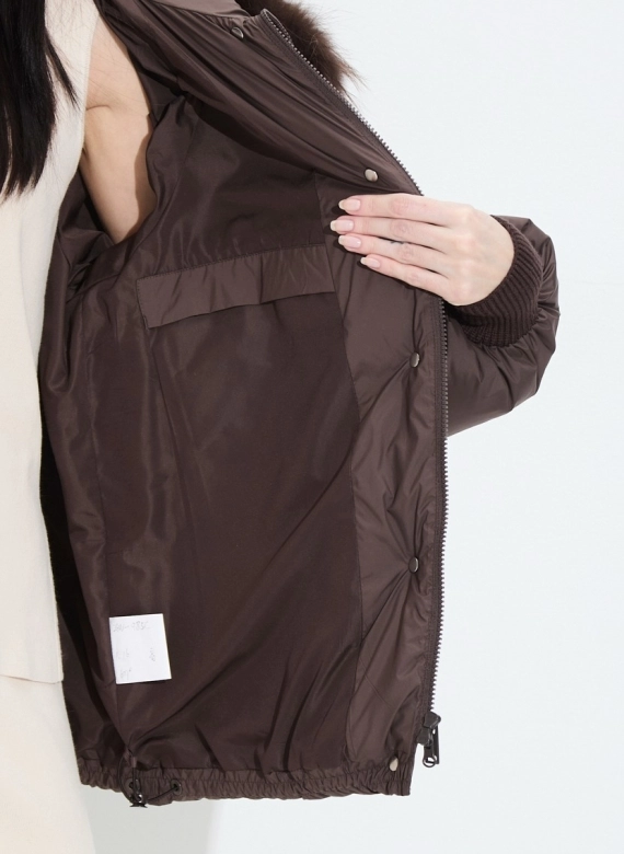 Женский пуховик с мехом енота на капюшоне фото