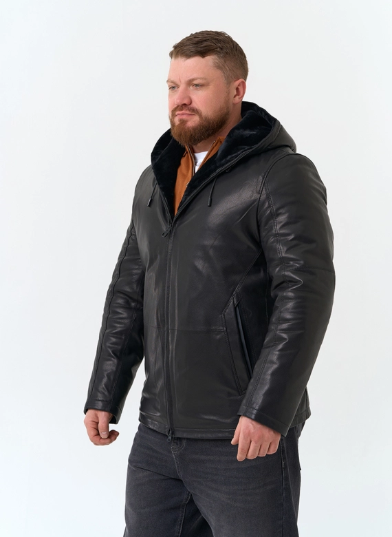 Мужская натуральная дубленка с капюшоном фото