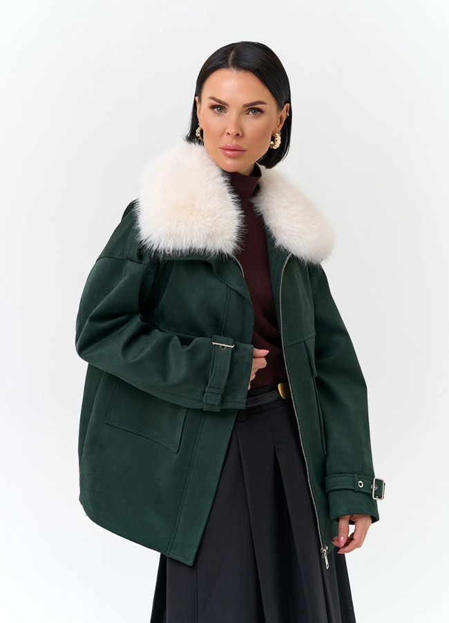 Женская куртка из эко замши с отделкой из эко меха модель № 32795 меха малина