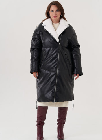 Пуховик женский из эко кожи с английским воротником