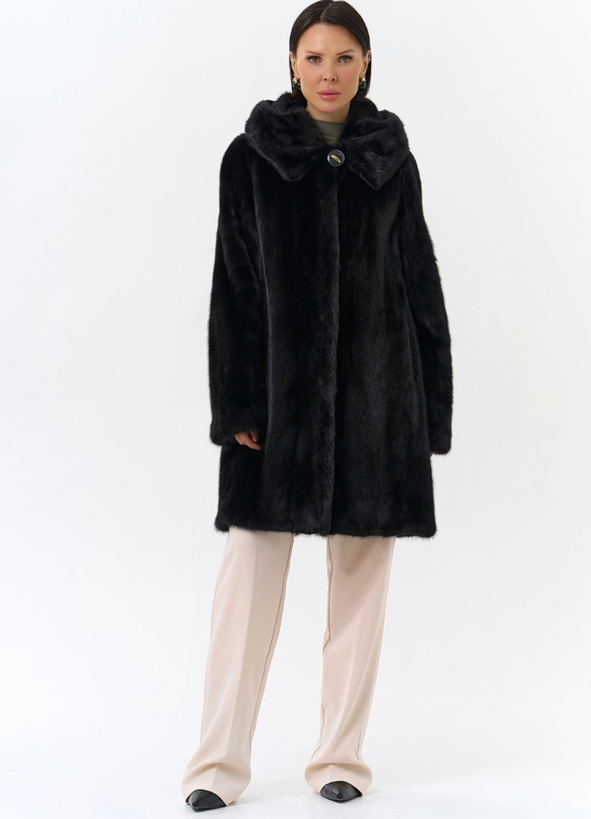 Шуба из норки с капюшоном черного цвета модель № 27662 в рассрочку