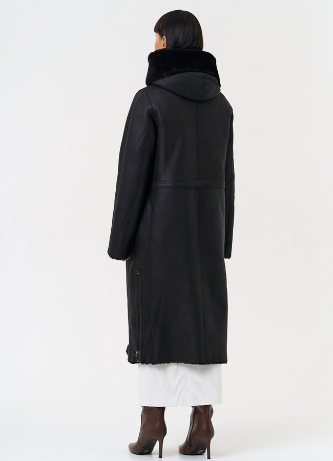 Натуральная двухсторонняя дубленка с капюшоном модель № 28957 в кредит