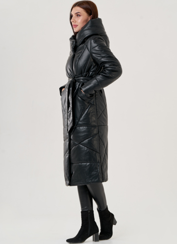 Черный длинный пуховик из эко кожи Malina Siberian