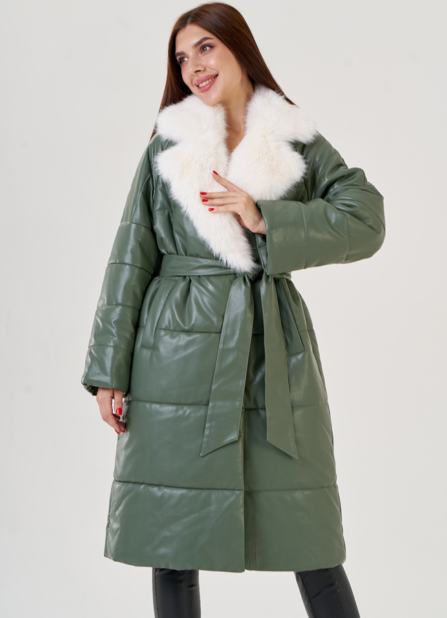 Женский классический пуховик Malina Siberian из эко кожи в зеленом цвете модель № 23365 меха малина
