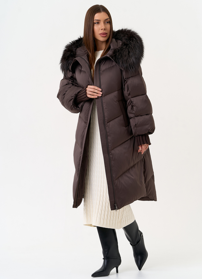 Женский пуховик с капюшоном из меха чернобурки модель № 31443 универмаг малина