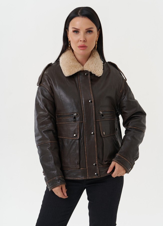 Кожаная куртка-пилот  модель № 28112 меха малина