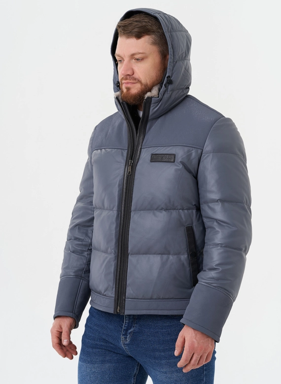 Пуховик из натуральной кожи с капюшоном фото