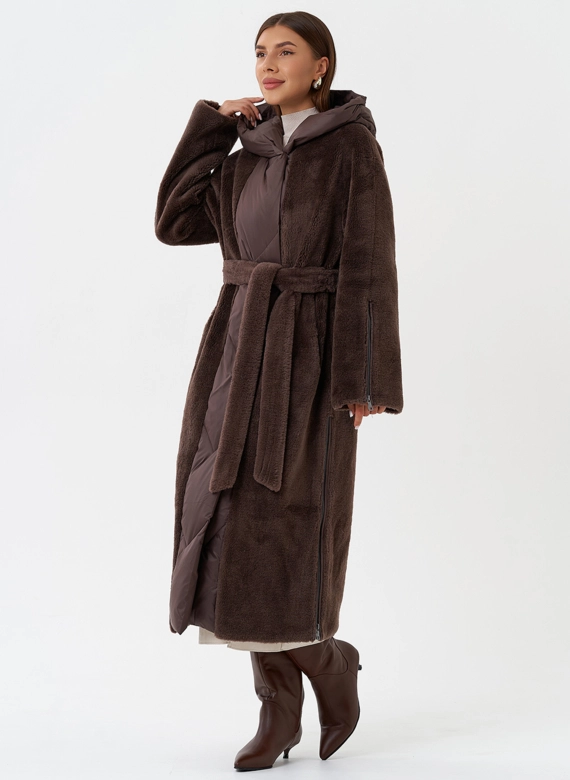 Комбинированное пальто на утеплении с капюшоном