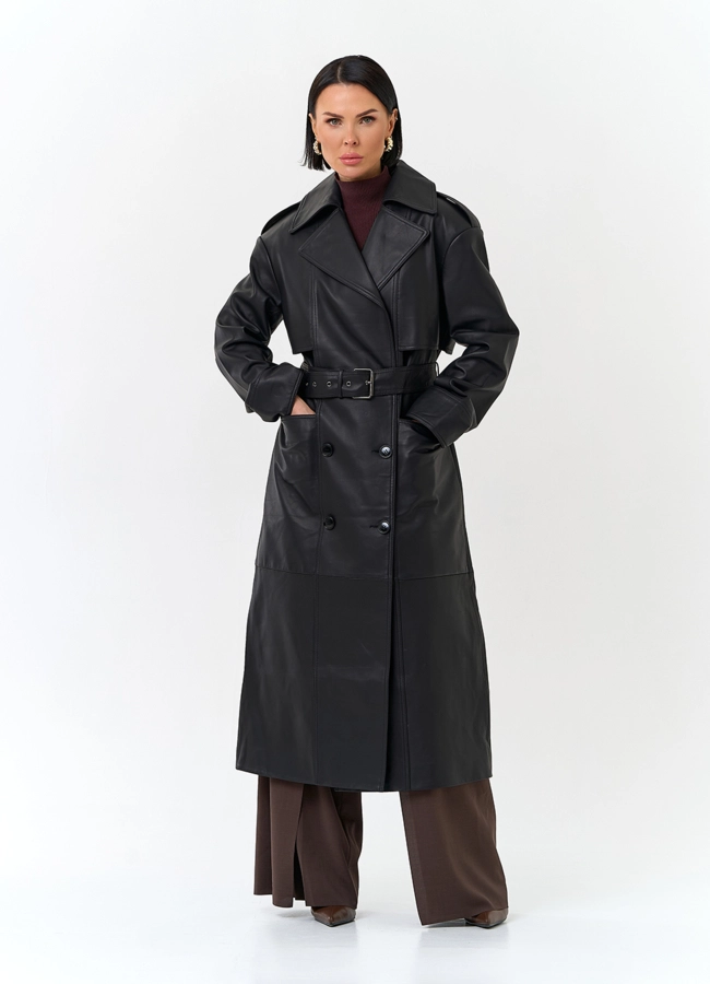фото Женский плащ из натуральной кожи с поясом модель № 32901 фото