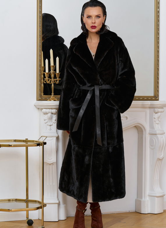 Длинная шуба из меха норки blackglama с поясом
