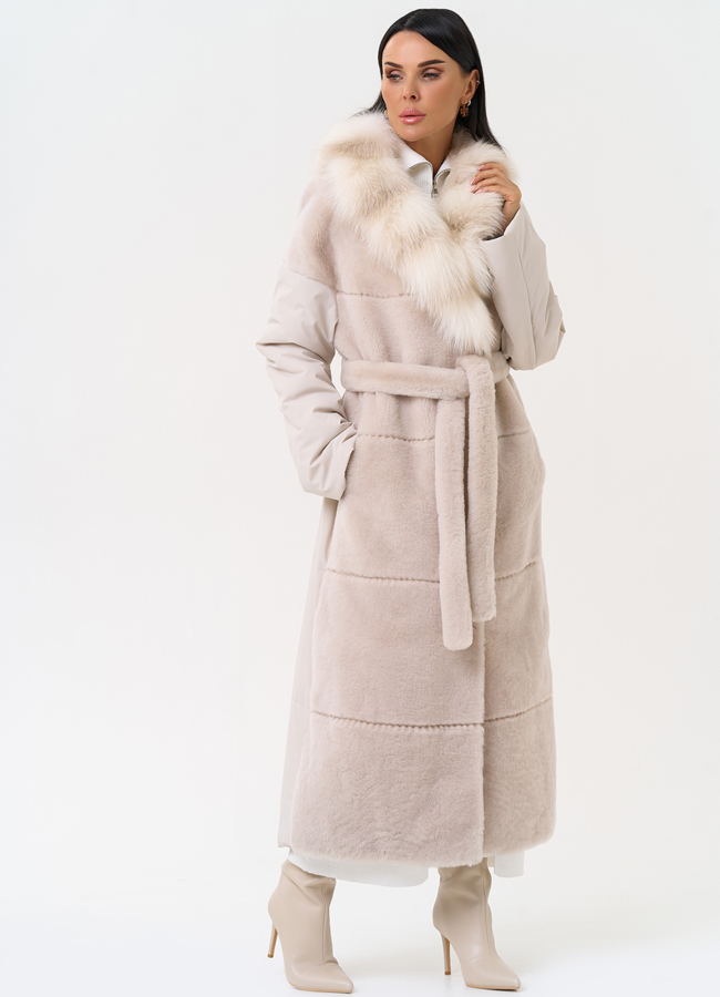 Комбинированное женское пальто из меха овчины с поясом модель № 31401 в рассрочку