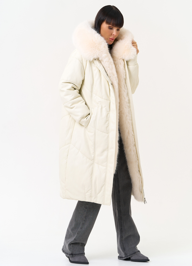 Женский пуховик из эко кожи со съемным эко мехом модель № 30717 в кредит