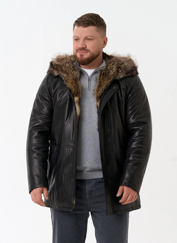 Мужская натуральная дубленка на волке с отделкой из меха енота фото