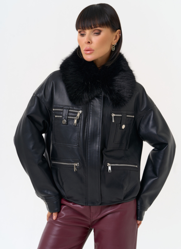 Женская утепленная куртка из эко кожи черного цвета Женская утепленная куртка из эко кожи черного цвета