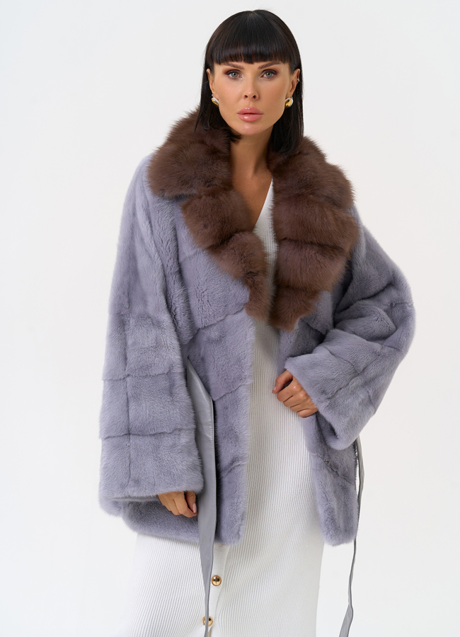 Женская шуба из меха норки с воротником из меха куницы модель № 27581 универмаг малина