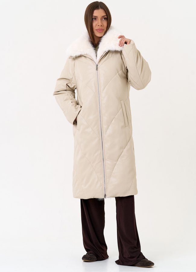 Женский пуховик из эко кожи с отделкой из эко меха модель № 30714 универмаг малина